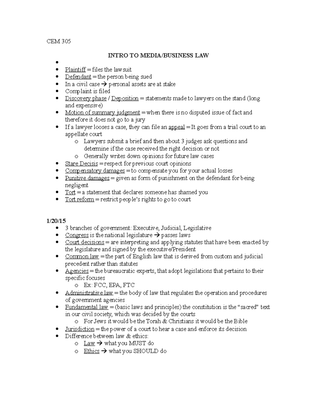 1. Introduction - Lecture notes 1 - CEM 305 INTRO TO LAW Plaintiff ...