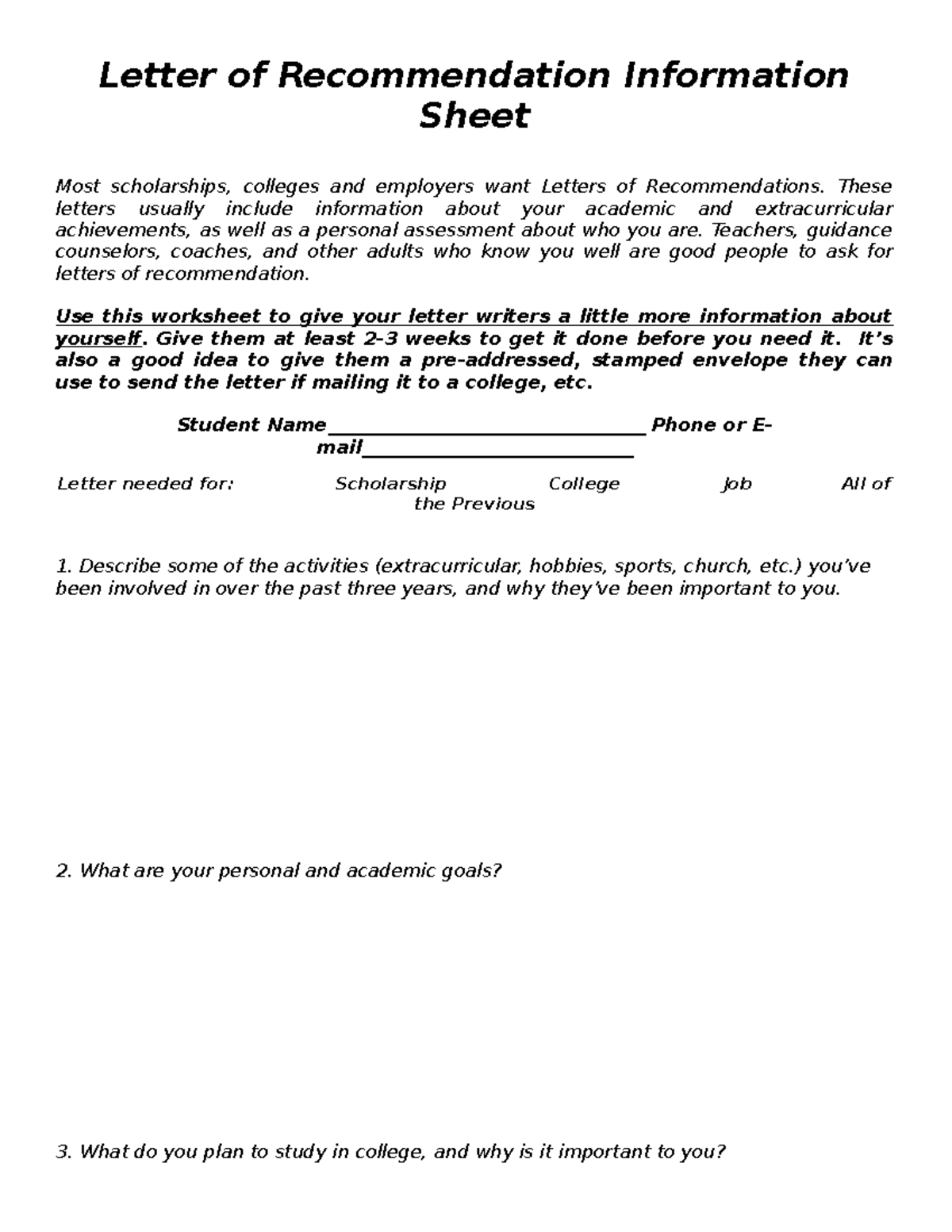 Letter of Recommendation Information Sheet - Letter of Recommendation ...