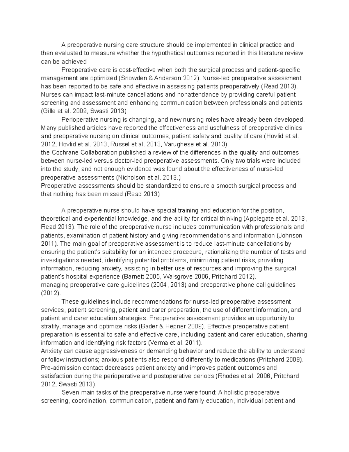A preoperative nursing care - Nurse-led preoperative assessment has ...