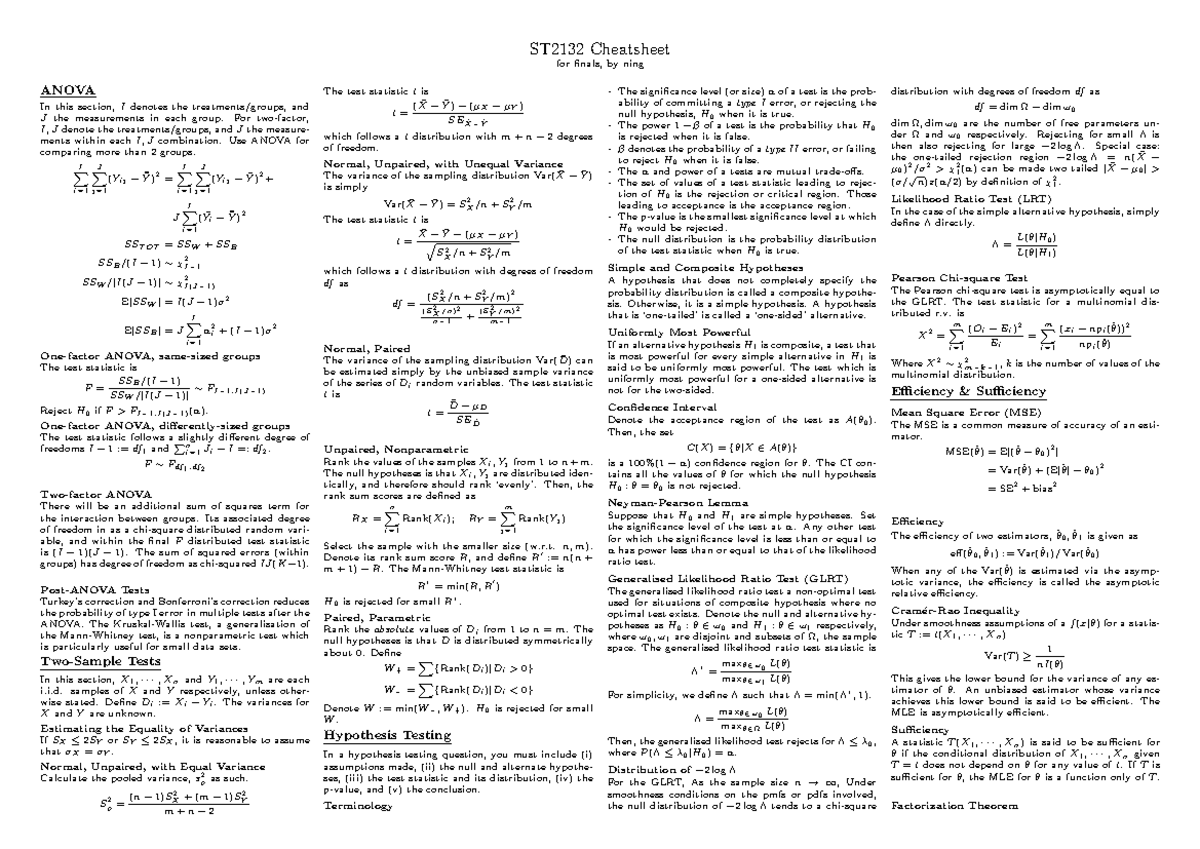 St2132 finals 2018 s2 cheatsheet - ST2132 Cheatsheet for finals, by ...