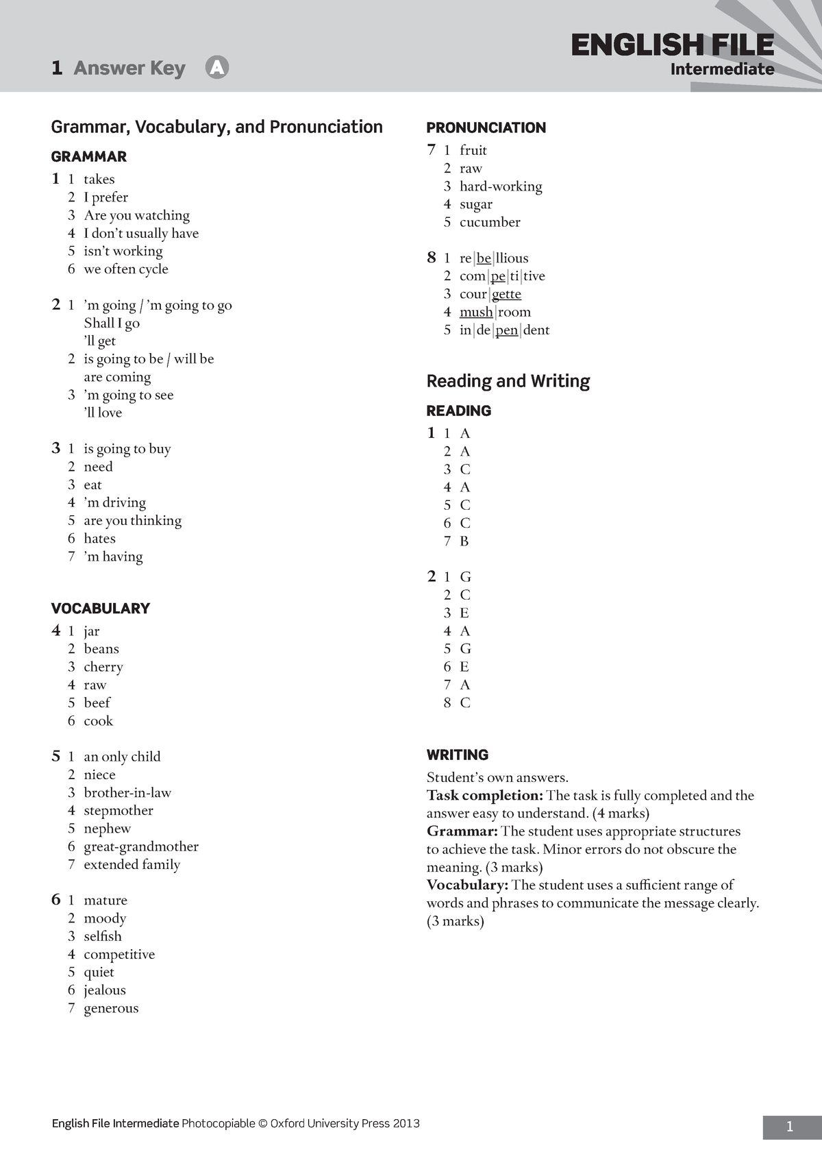 EF3e int filetest 01 answerkey - 1 Answer Key A Intermediate PRONUNCIATION  7 1 fruit 2 raw 3 - Studocu