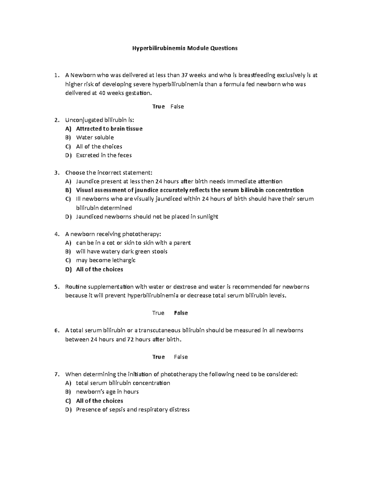 Hyperbilirubinemia Questions Hyperbilirubinemia Module Questions A