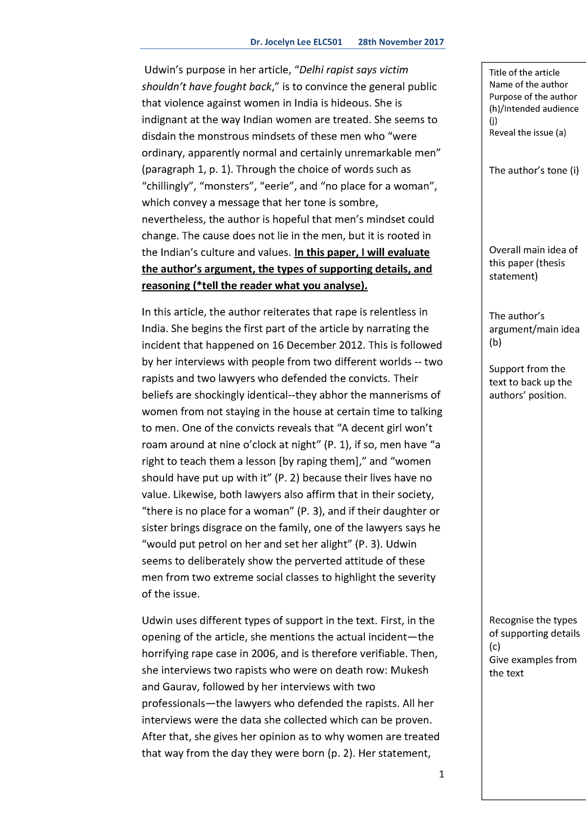 Written Article Analysis -Sample (ELC501) - Dr. Jocelyn Lee ELC501 28th ...