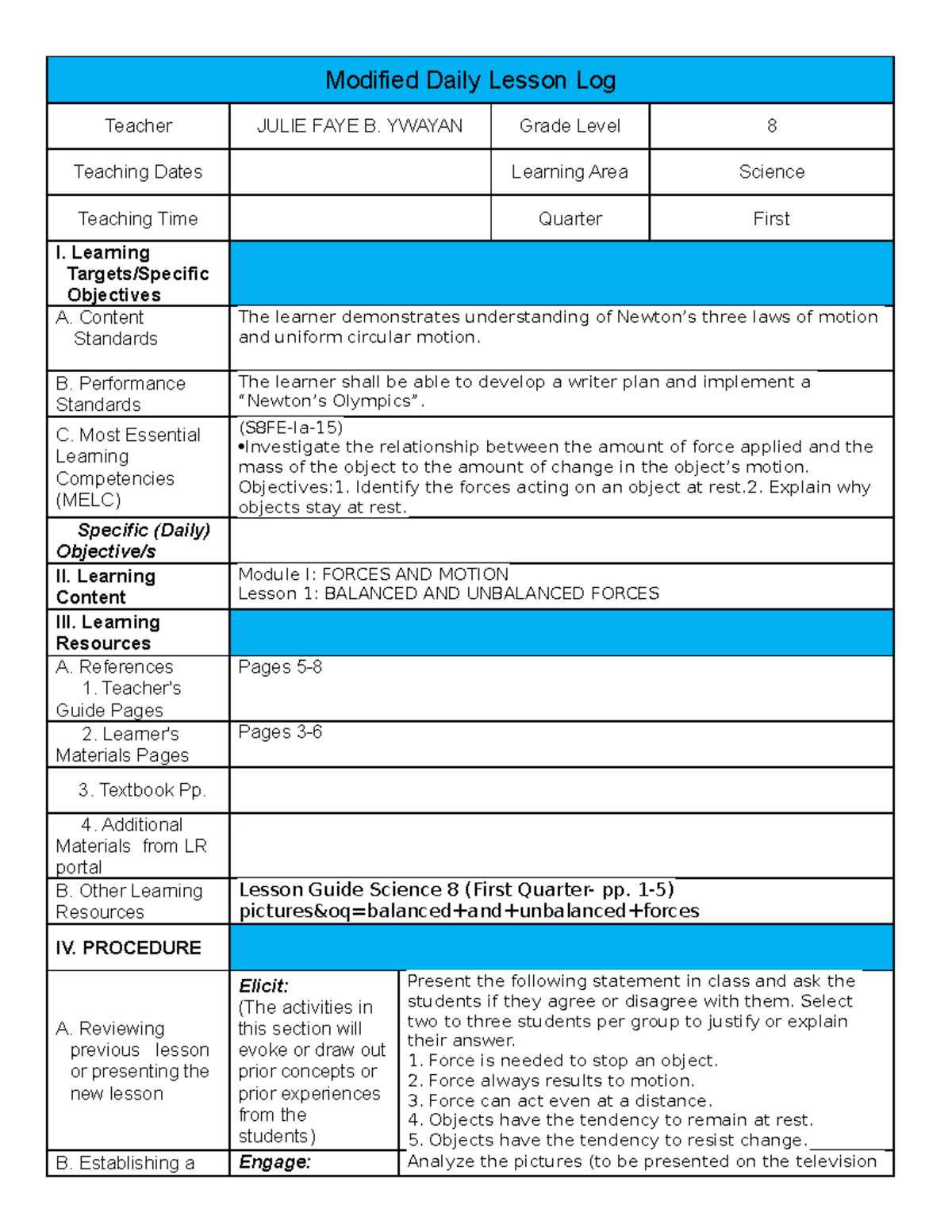 Modified DLL 7Es Science - Modified Daily Lesson Log Teacher JULIE FAYE ...