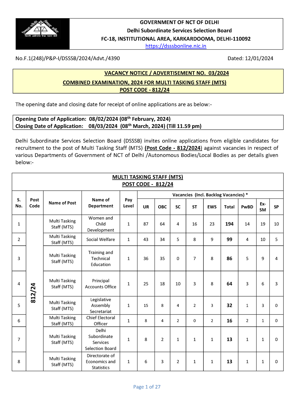 Final 03-2024 Advt Combined - No. 1 ( 248 )/P&P-I/DSSSB/202 4 /Advt ...