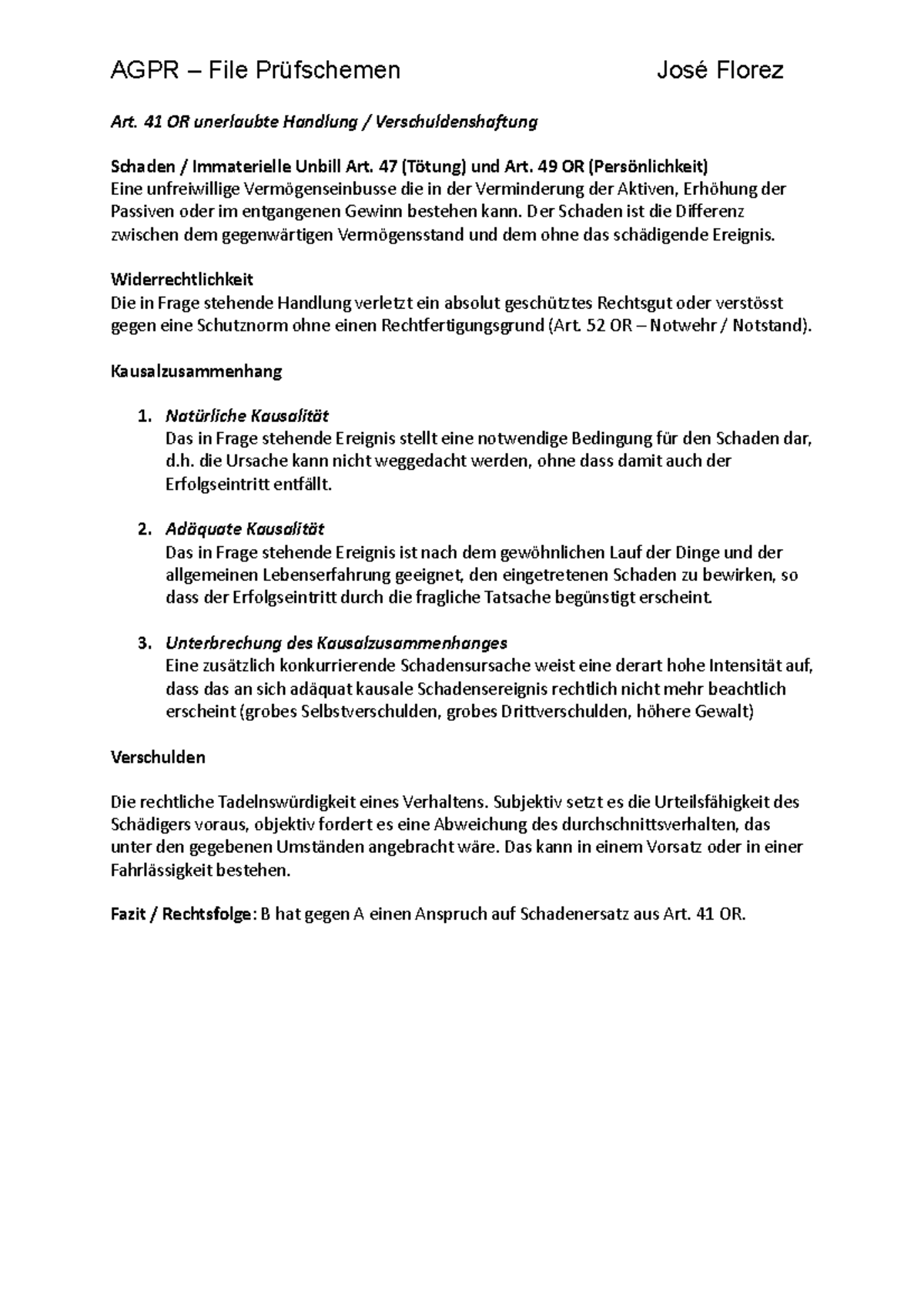 AGPR Prüfschemen - Personen- und Sachenrecht - Art. 41 OR unerlaubte ...