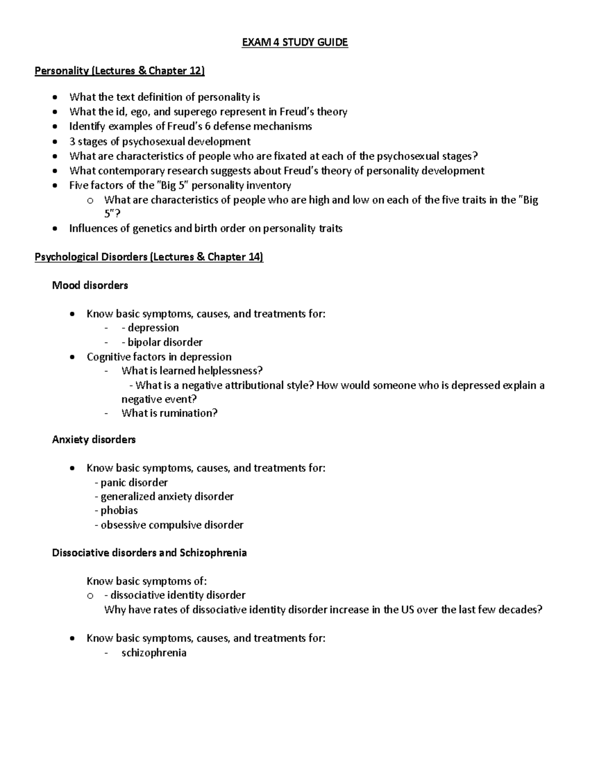 Exam 4 Study Guide Exam 4 Study Guide Personality Lectures Chapter Exam 4 Study Guide Exam 4 Study Guide Personality Lectures Chapter