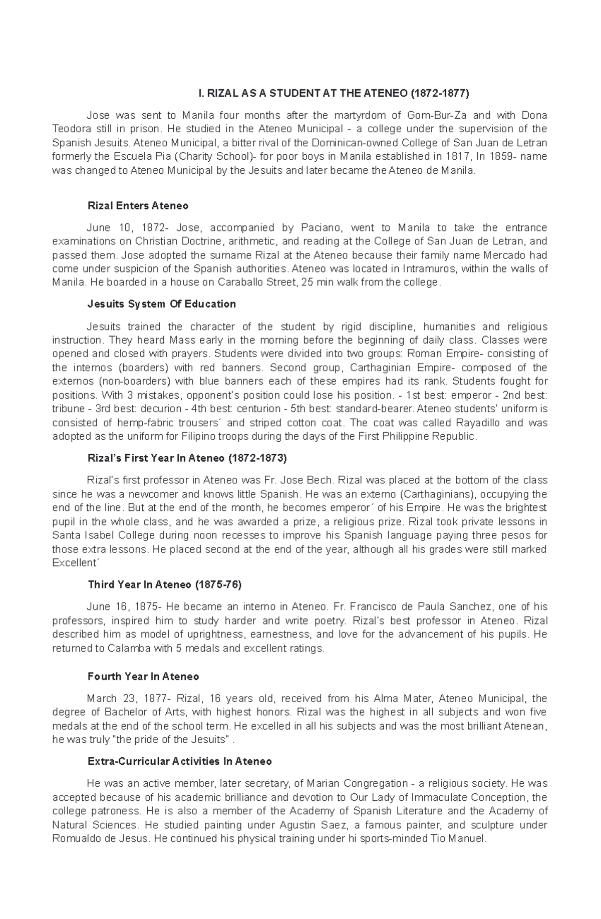 Life and Works of Rizal I. RIZAL AS A STUDENT AT THE ATENEO (1872