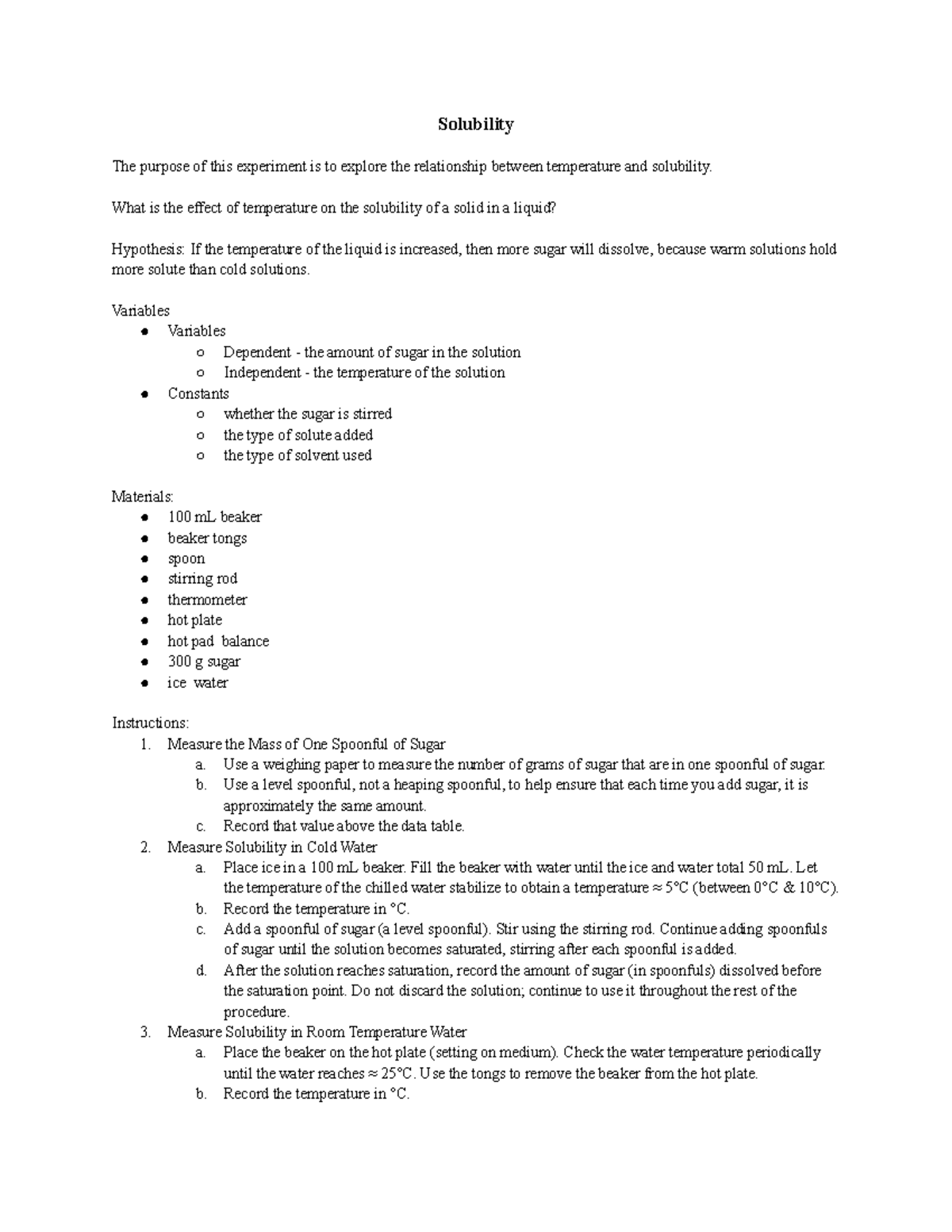 Assignment Lab Solubility The purpose of this experiment is to