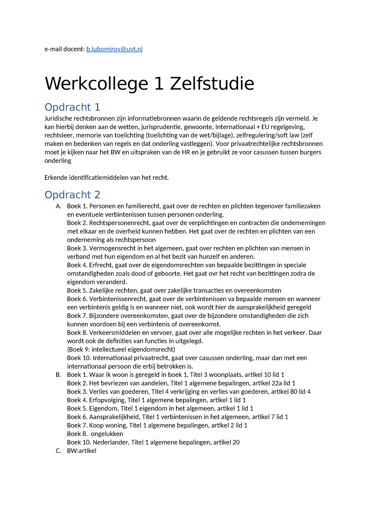 WC 1 - Werkcollege 1 - E-mail Docent: B@uvt Werkcollege 1 Zelfstudie ...