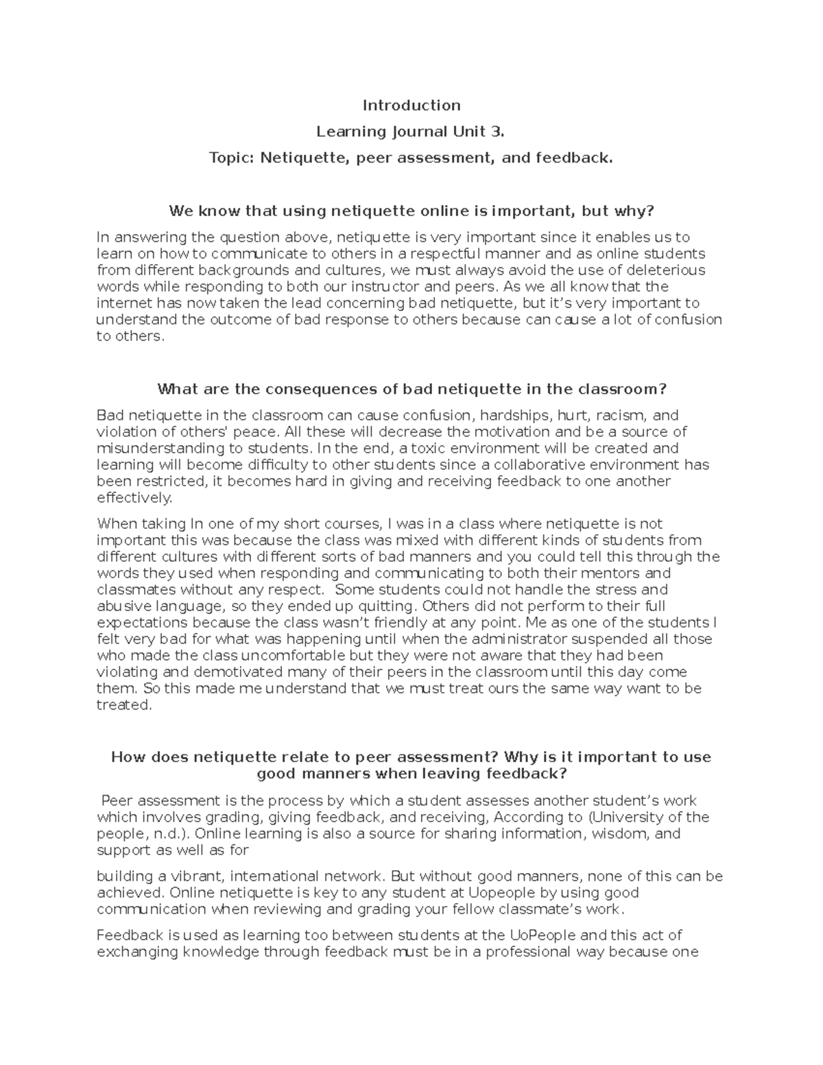 Netiquette, peer assessment, and feedback. What are the consequences of bad netiquette in the