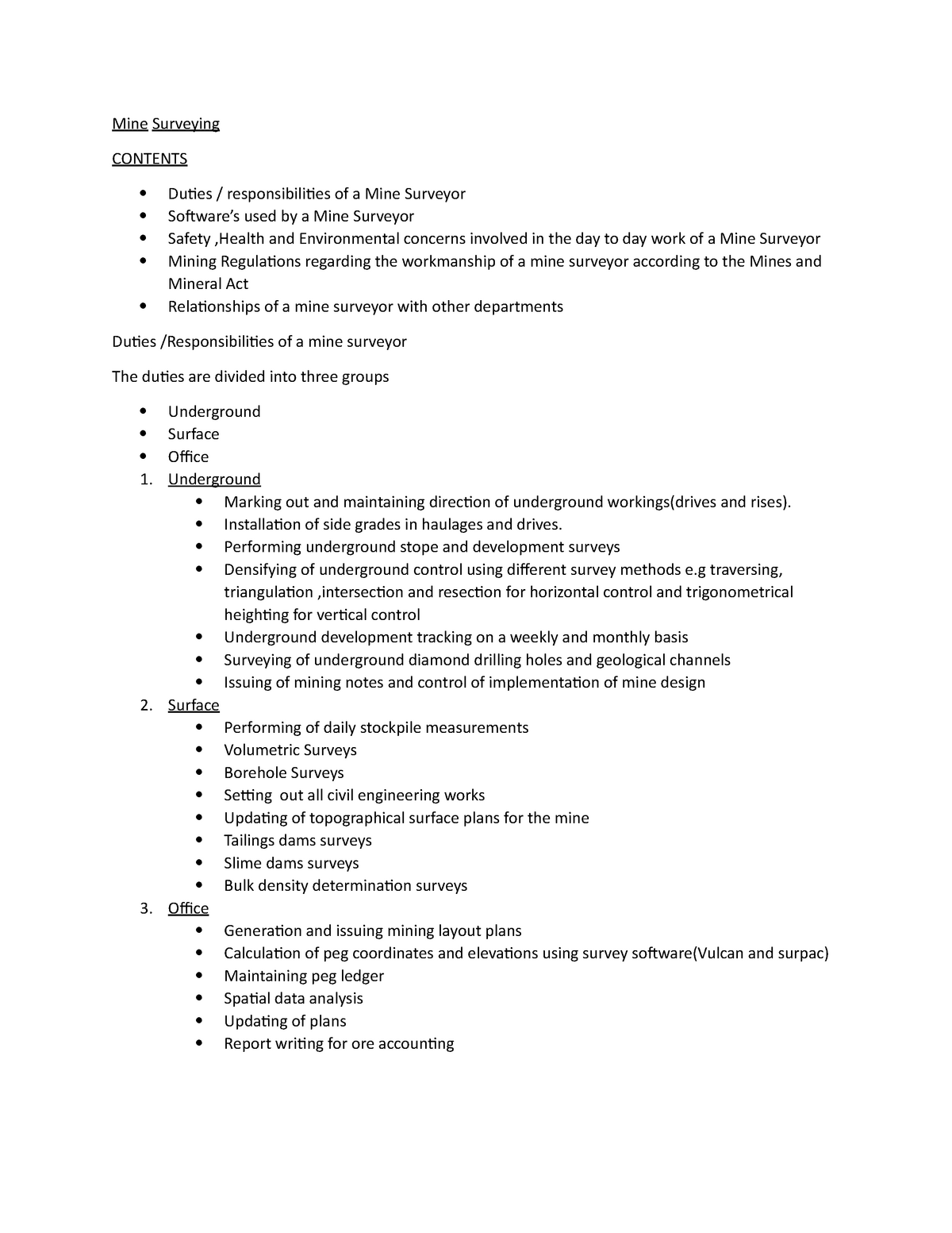 Mine Surveying Notes - Mine survey - Mine Surveying CONTENTS Duties ...