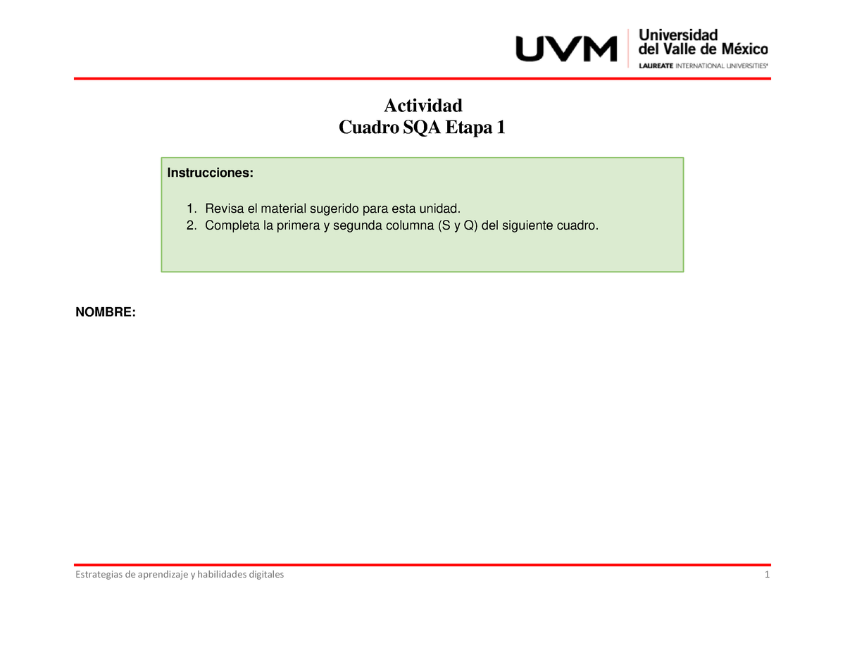 Actividad 13 SQA Etapa 2 - Actividad Cuadro SQA Etapa 1 NOMBRE ...