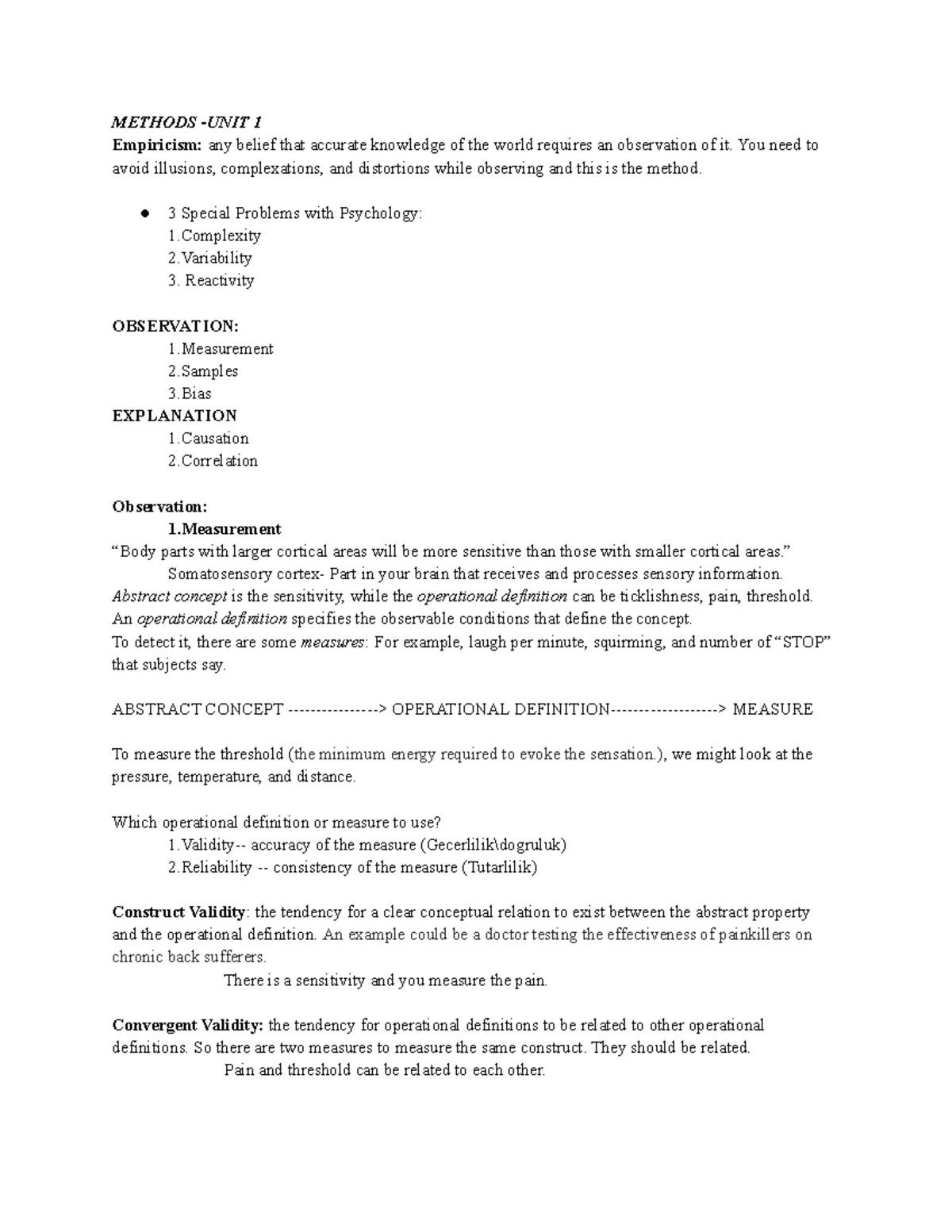 Unit 1 methods - Lecture notes 1-2 - METHODS -UNIT 1 Empiricism: any ...