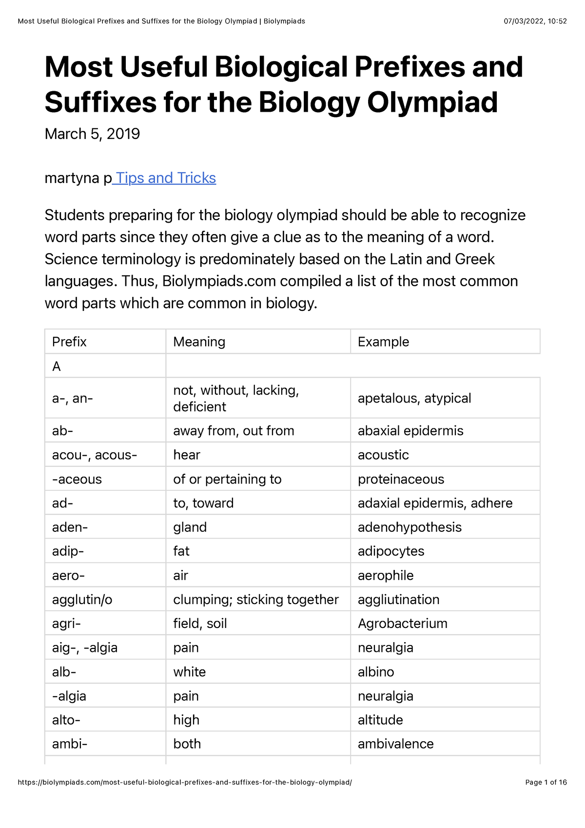 Most Useful Biological Prefixes and Suffixes for the Biology Olympiad