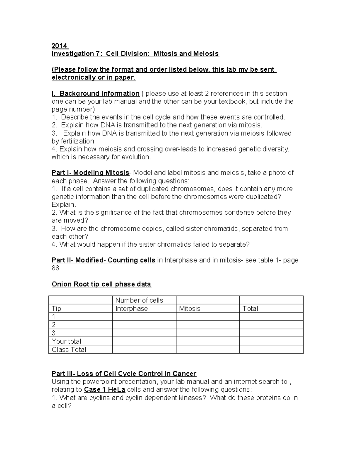 Investigation 7 - idk. - 2014 Investigation 7: Cell Division: Mitosis ...