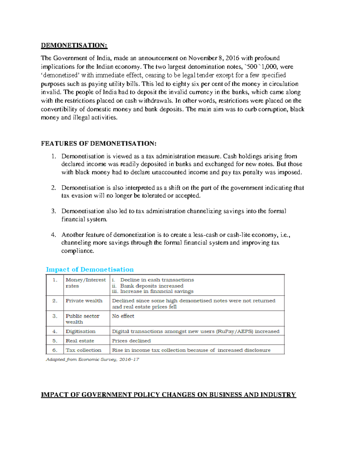 BST Chapter 3 Business Environment Notes 9 - DEMONETISATION: The ...