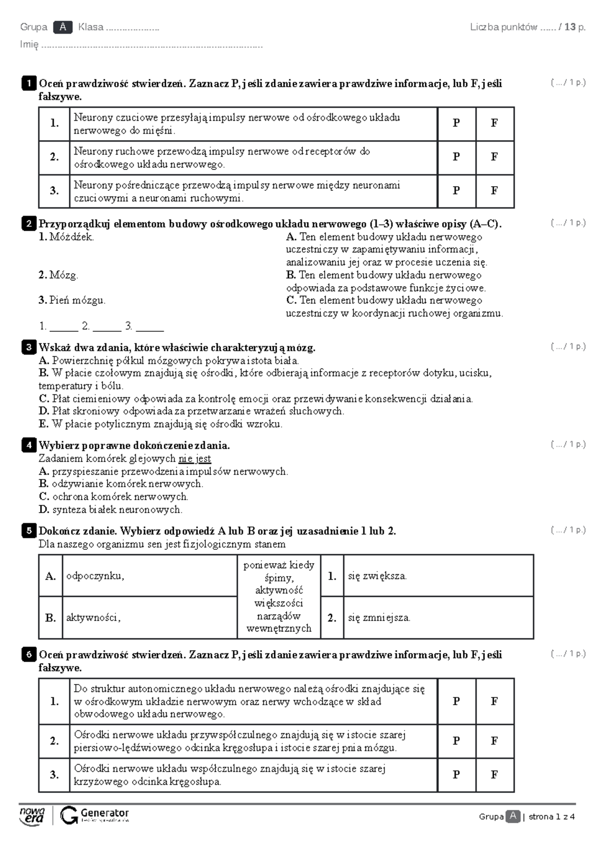 Układ Nerwowy Sprawdzian Nowa Era Liceum