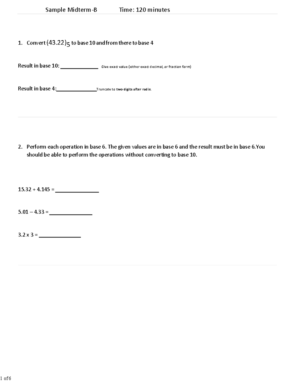 COMP 1113 Midterm FT-Sample Midterm B - Sample Midterm-B Time: 120 ...