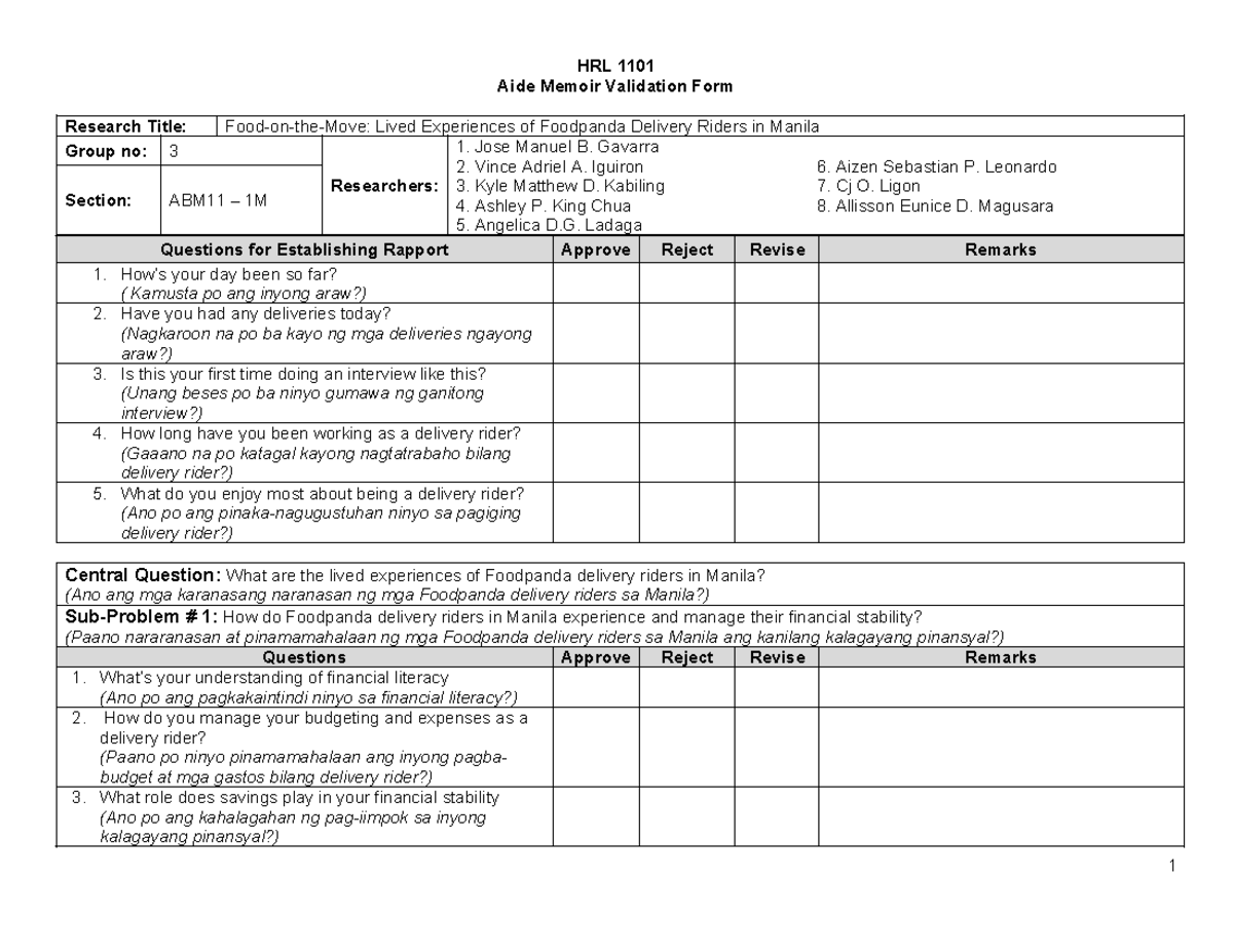 Aide memoire group 3 - aashdkhahsbd - HRL 1101 Aide Memoir Validation ...