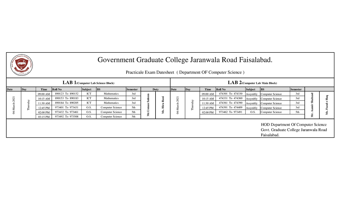 Revised Practical Datesheet Date Day Time Roll No Subject BS Semester