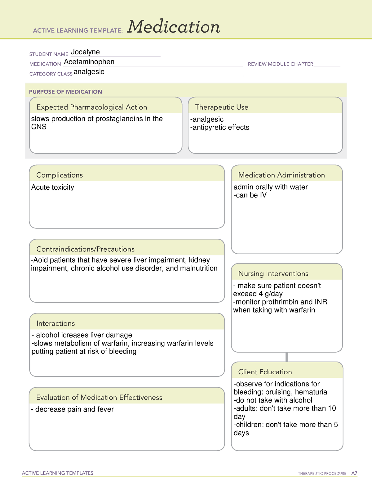 Acetaminophen medication card pain med ACTIVE LEARNING TEMPLATES