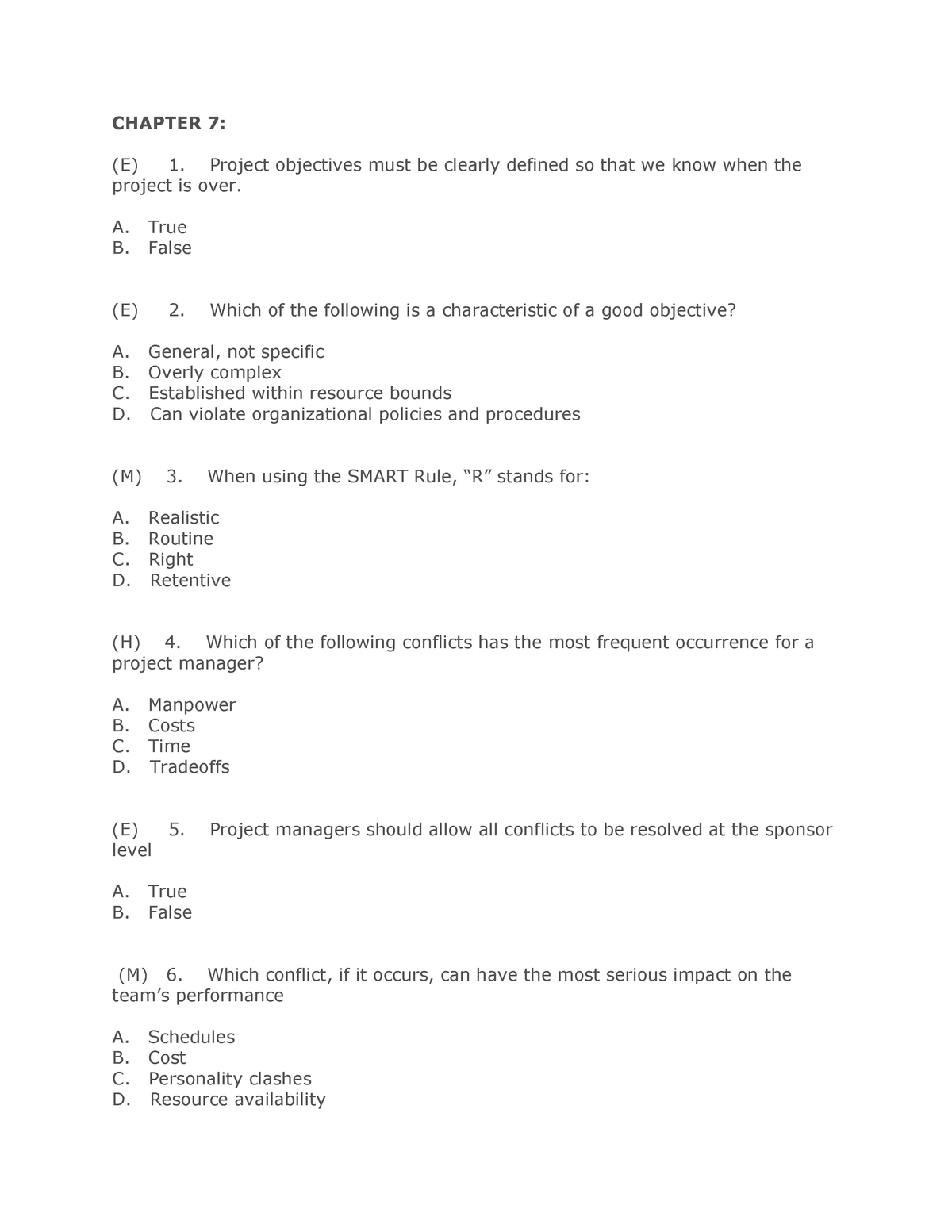 Chapter 7 9 10 Project Management - CHAPTER 7: (E) 1. Project ...