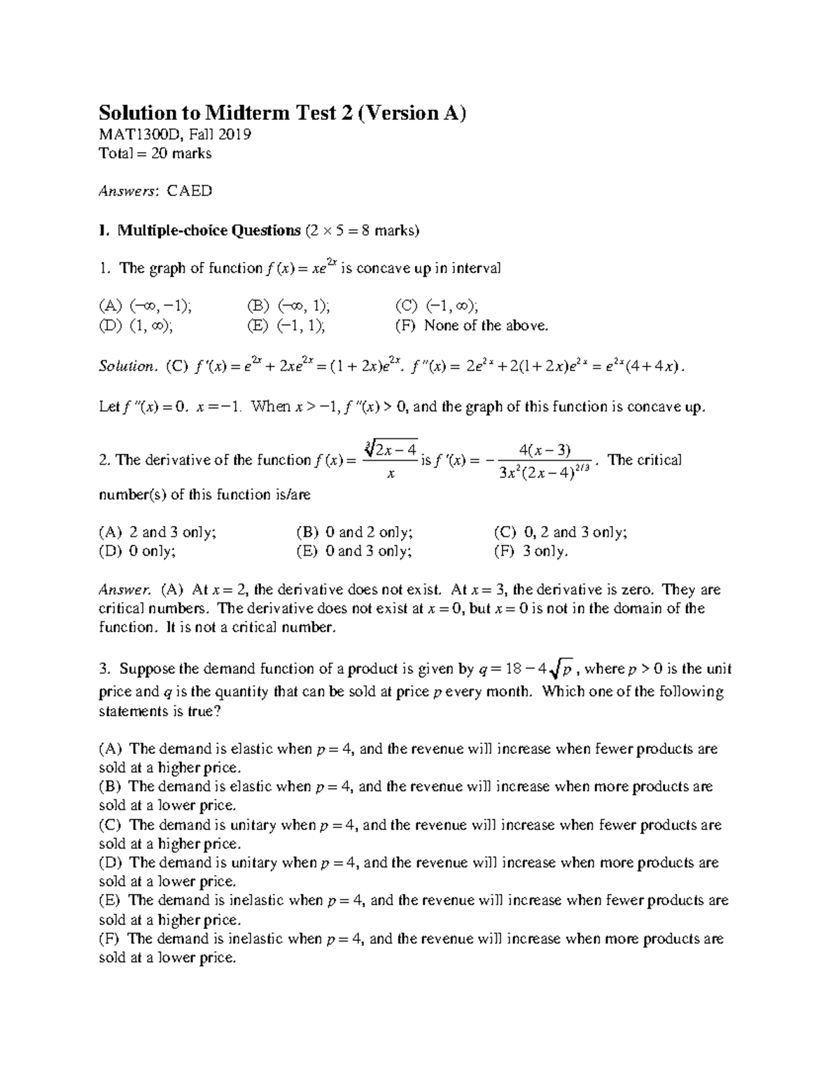 2nd Midterm exam with answers Solution to Midterm Test 2 (Version A