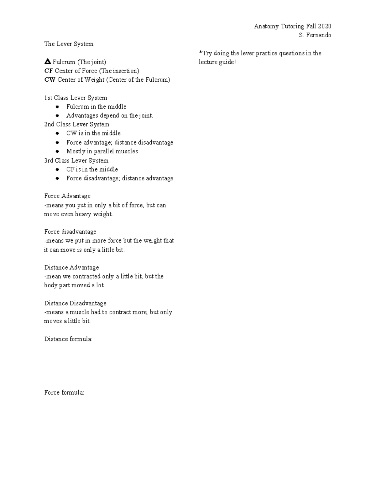 Anatomy Tutoring Sheets E2 - S. Fernando The Lever System Fulcrum (The ...