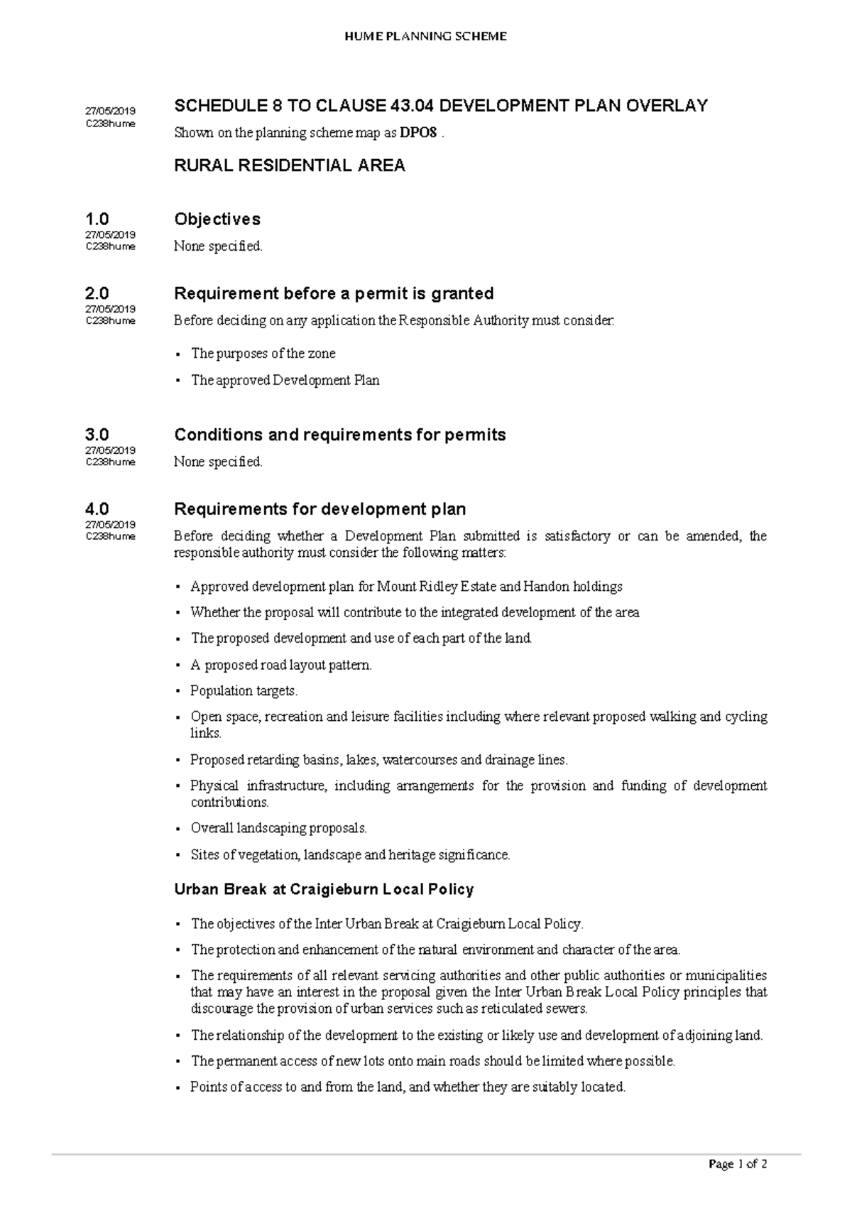 Hume Schedule 8 TO Clause 43.04 Development PLAN Overlay HUME