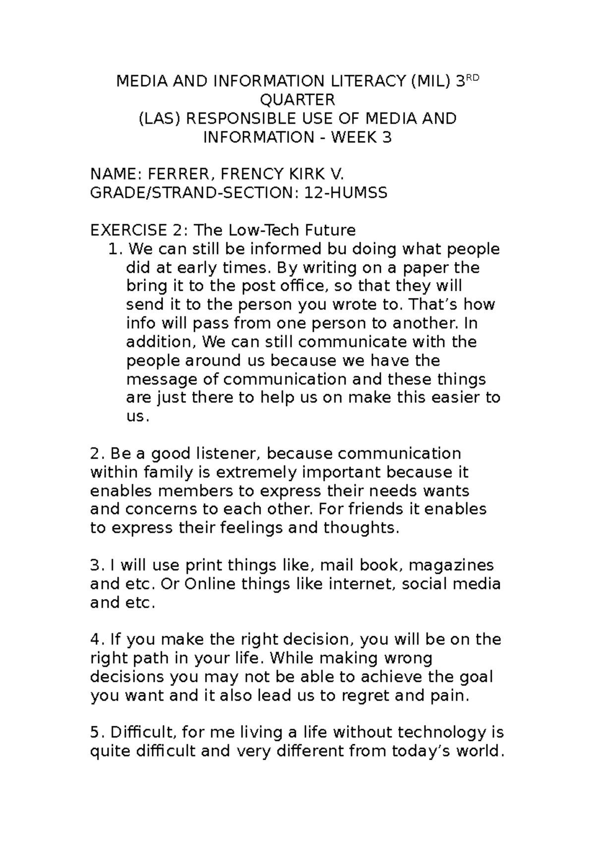 MIL- WEEK 3 , Ferrer, Frency - MEDIA AND INFORMATION LITERACY (MIL) 3RD ...