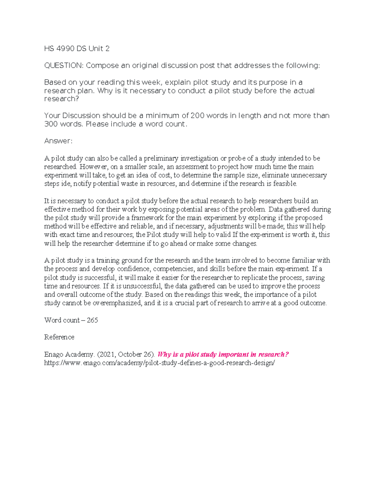 HS 4990 DS Unit 2 - discussion unit 2 - HS 4990 DS Unit 2 QUESTION ...