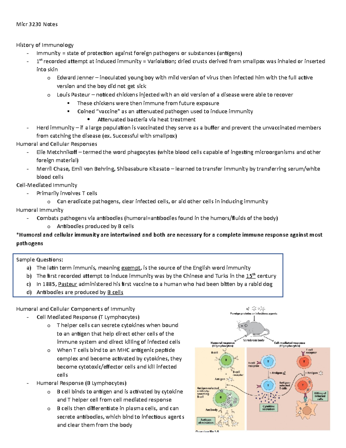 Midterm notes - Micr 3230 Notes History of Immunology Immunity state of ...