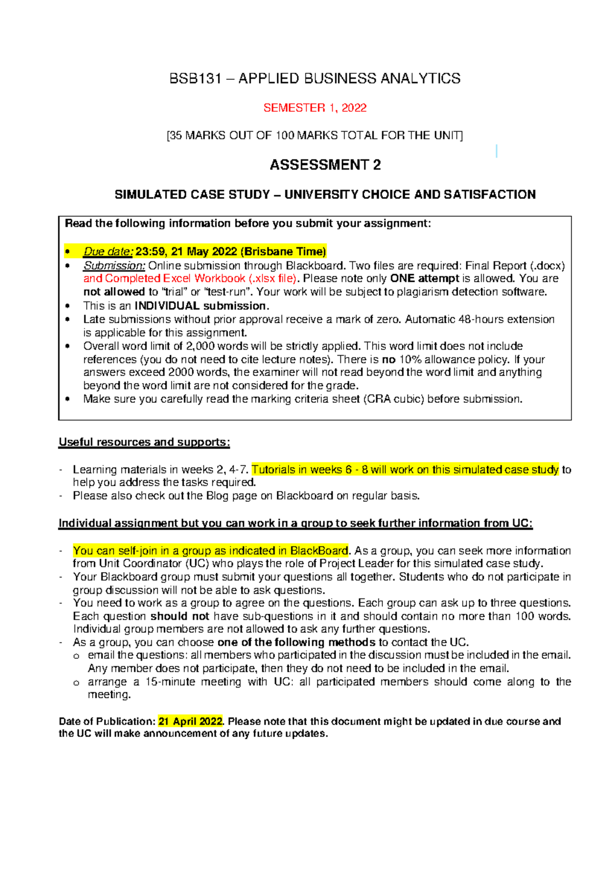 BSB131 Assessment 2 Description - BSB131 – APPLIED BUSINESS ANALYTICS ...