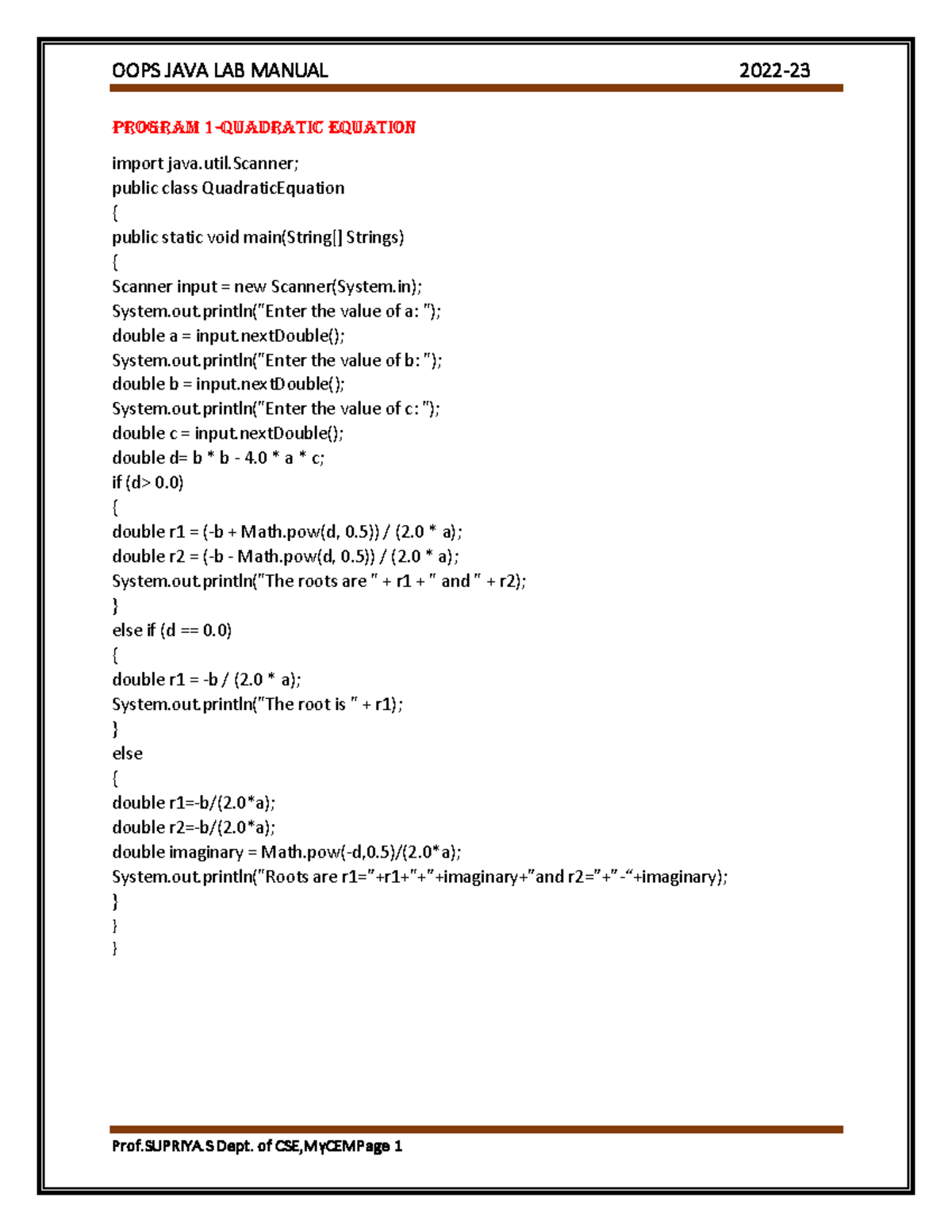 JAVA LAB Manual - Notes - PROGRAM 1-QUADRATIC EQUATION import java.util ...