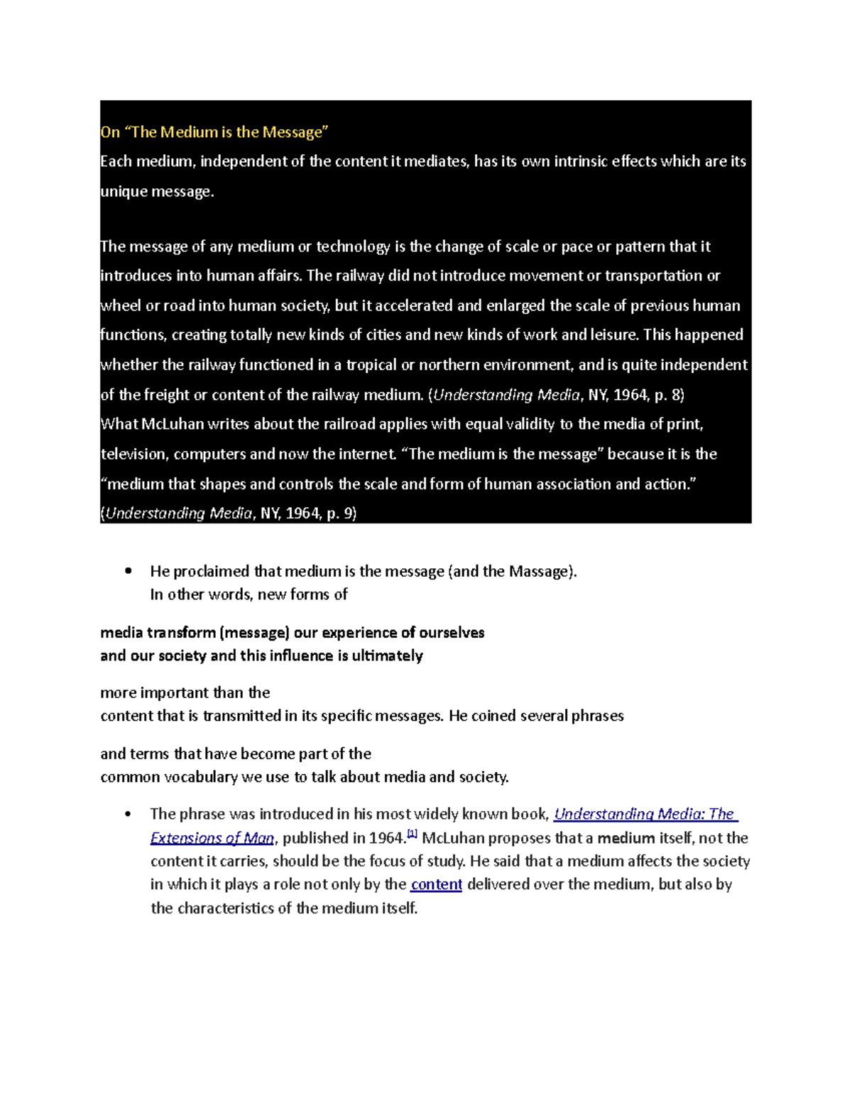 Medium is message - Lecture notes 14 - On Medium is the Each medium ...