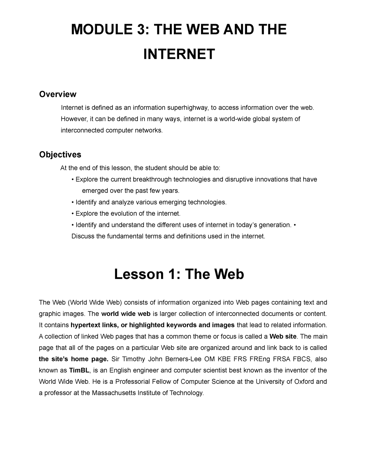 THE WEB AND THE Internet - MODULE 3: THE WEB AND THE INTERNET Overview ...