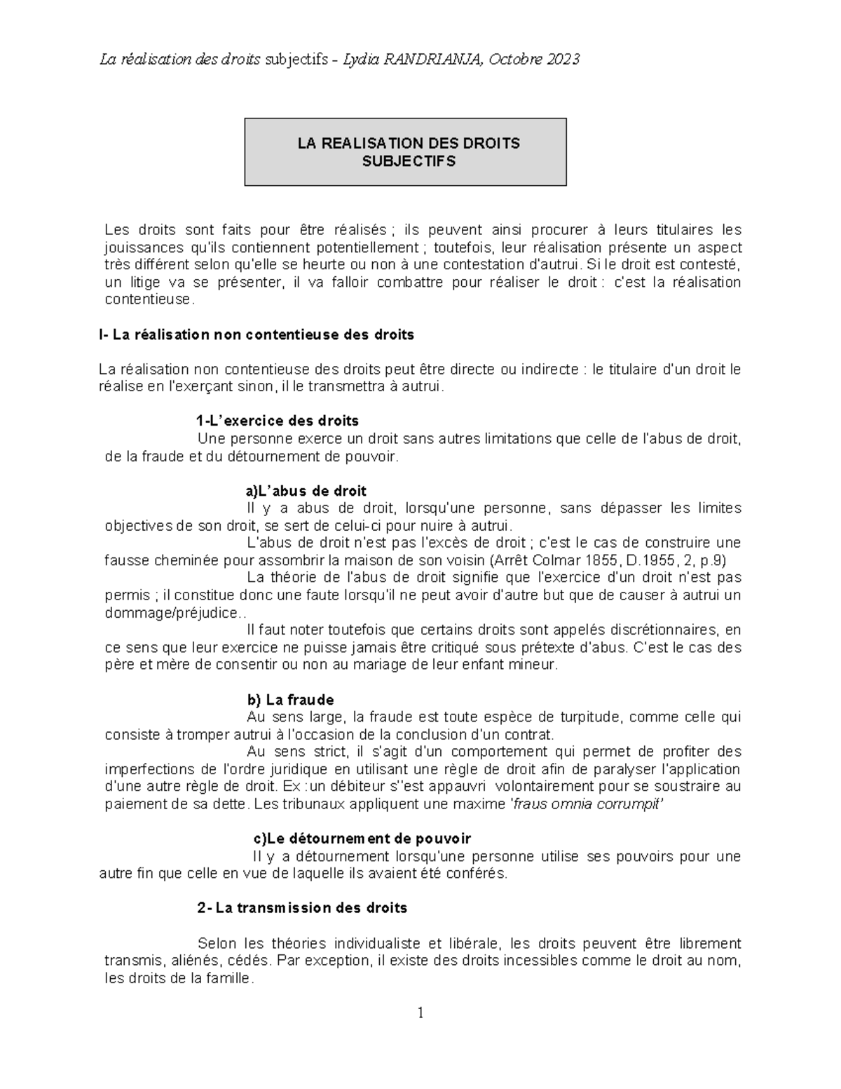 La realisation des DS oct 2023 - LA REALISATION DES DROITS SUBJECTIFS ...