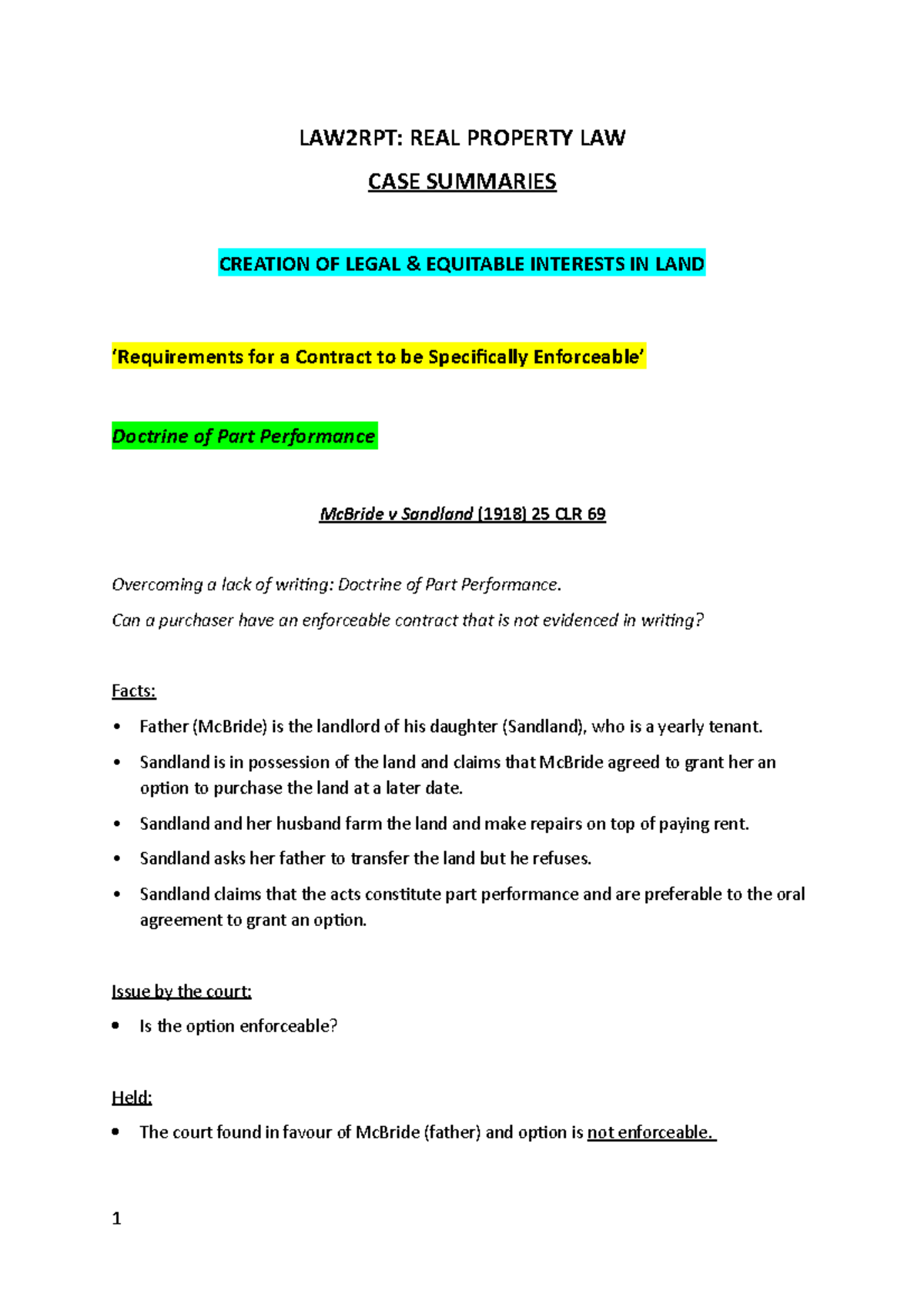 CASE Summaries EXAM LAW2RPT REAL PROPERTY LAW CASE SUMMARIES