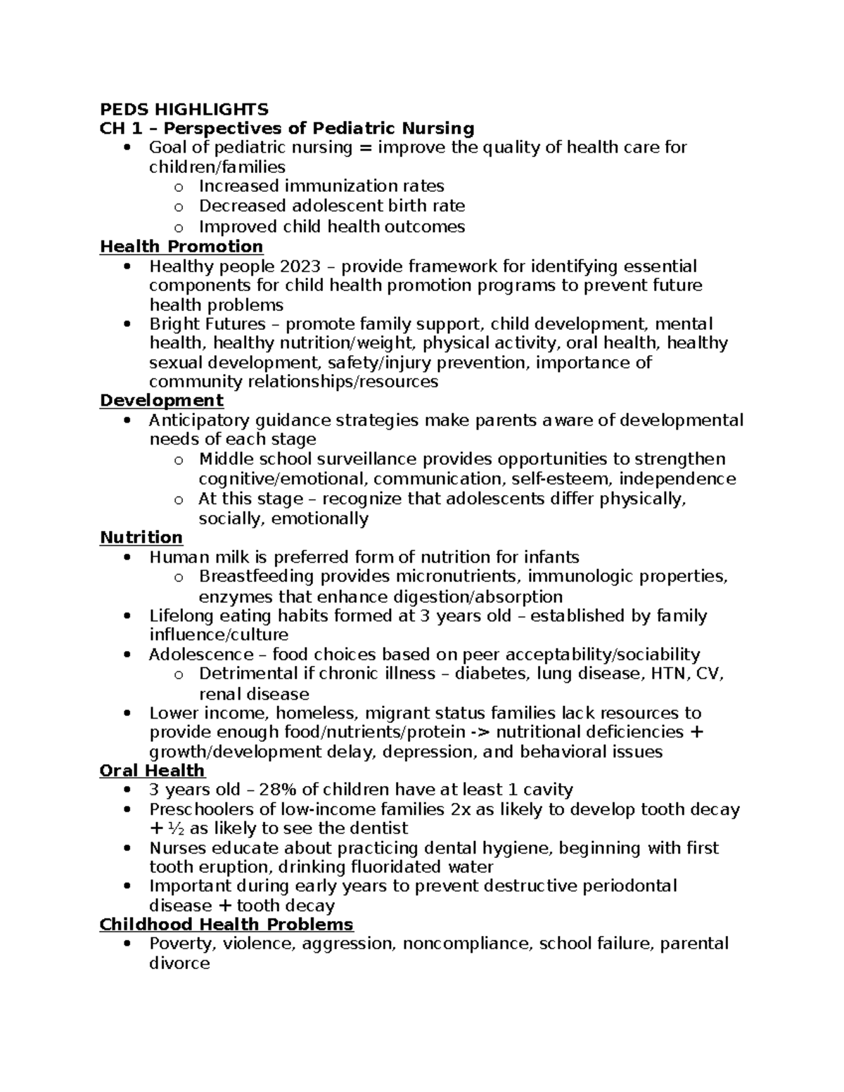 PEDS Highlights - exam 1 notes - PEDS HIGHLIGHTS CH 1 – Perspectives of ...