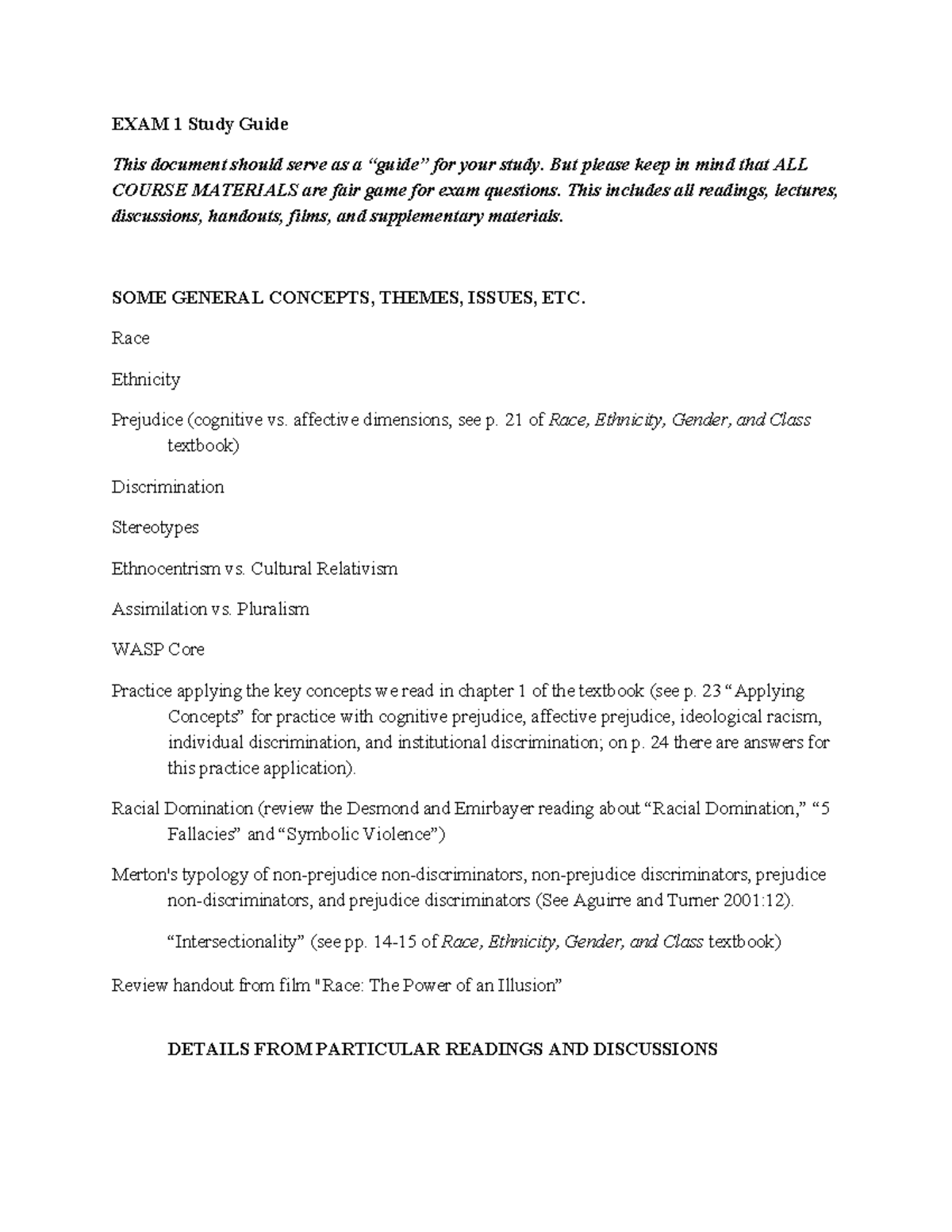 Guide for Exam 1 - EXAM 1 Study Guide This document should serve as a ...