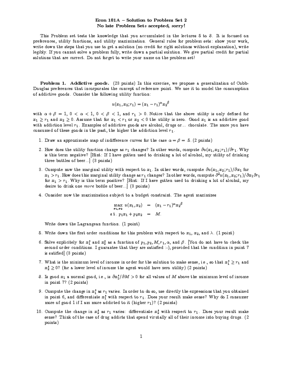 Pset2solution - Problem Set-solutions - Econ 101A — Solution To Problem ...