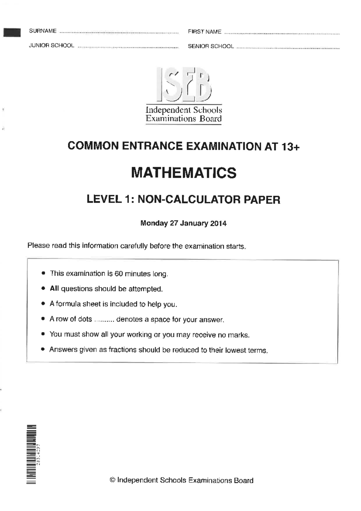 13 maths level 1 non calculator paper iseb january 2014 - Studocu