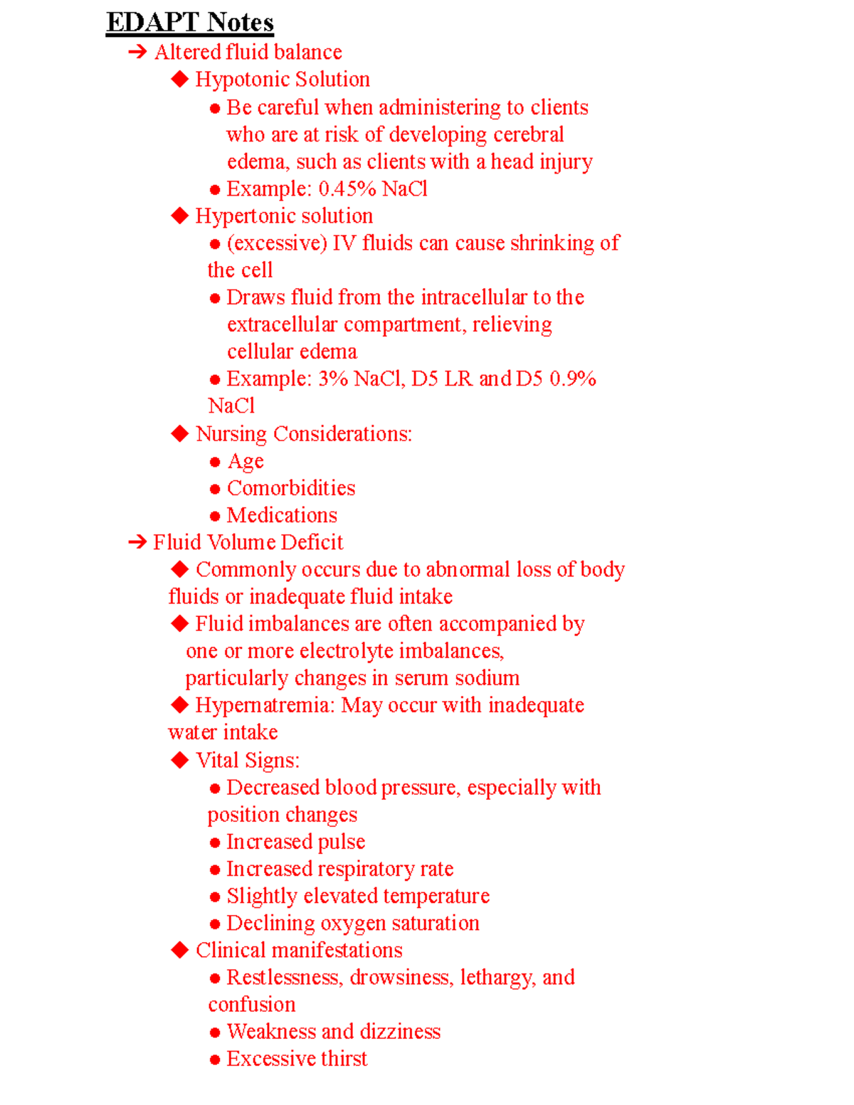Edapt Notes- Adult Health Idocx - EDAPT Notes Altered fluid balance ...
