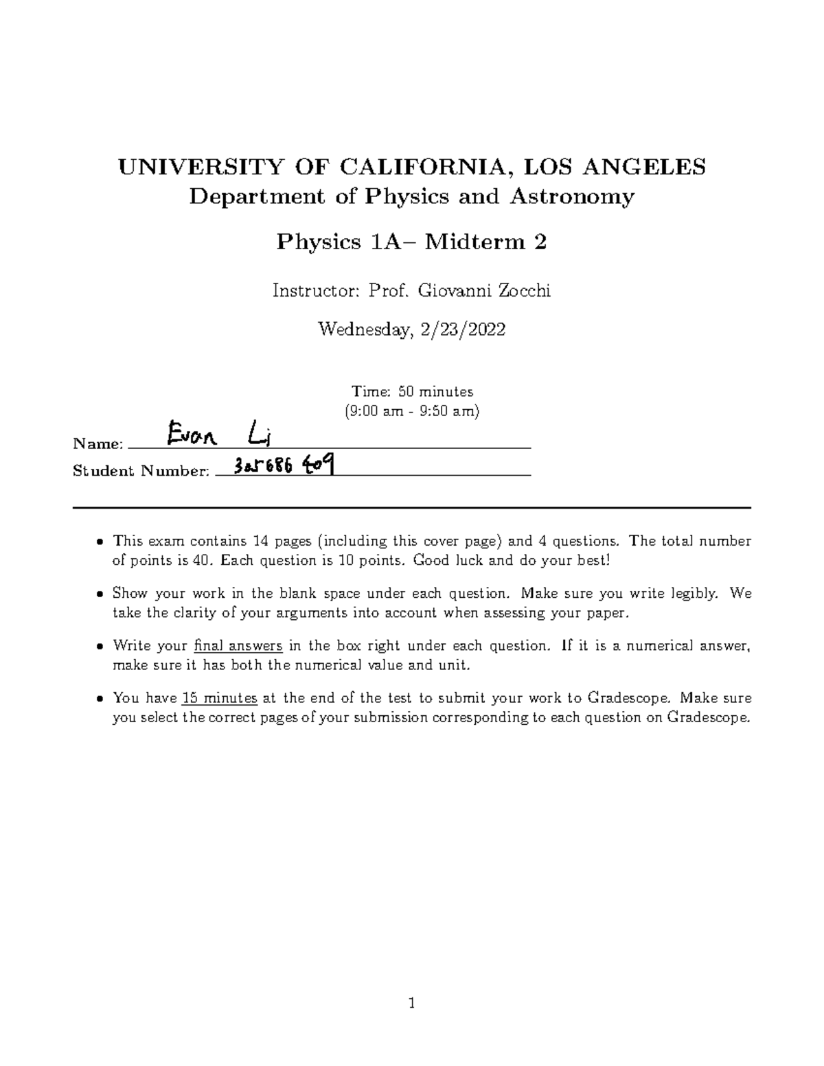 Midterm 2 - UNIVERSITY OF CALIFORNIA, LOS ANGELES Department of Physics ...