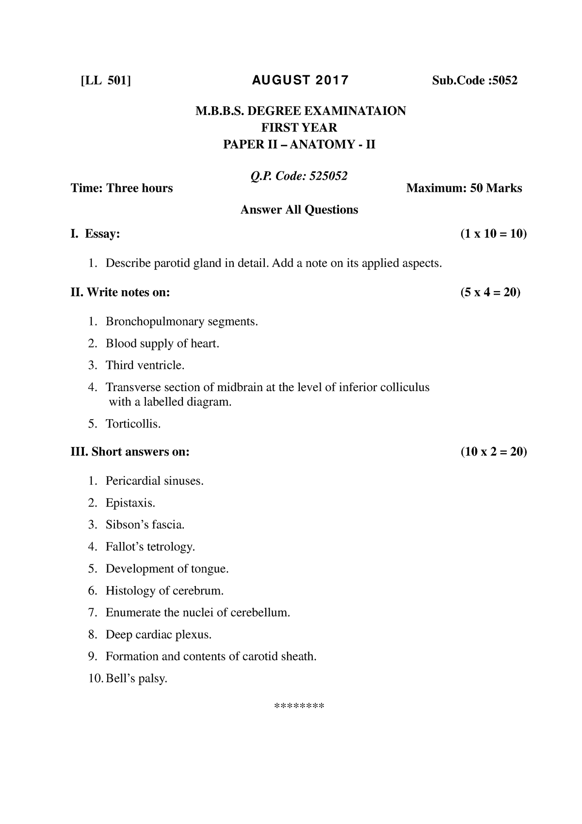 2017 To 2022 - [LL 501] AU GU ST 2 0 1 7 Sub : M.B.B. DEGREE ...