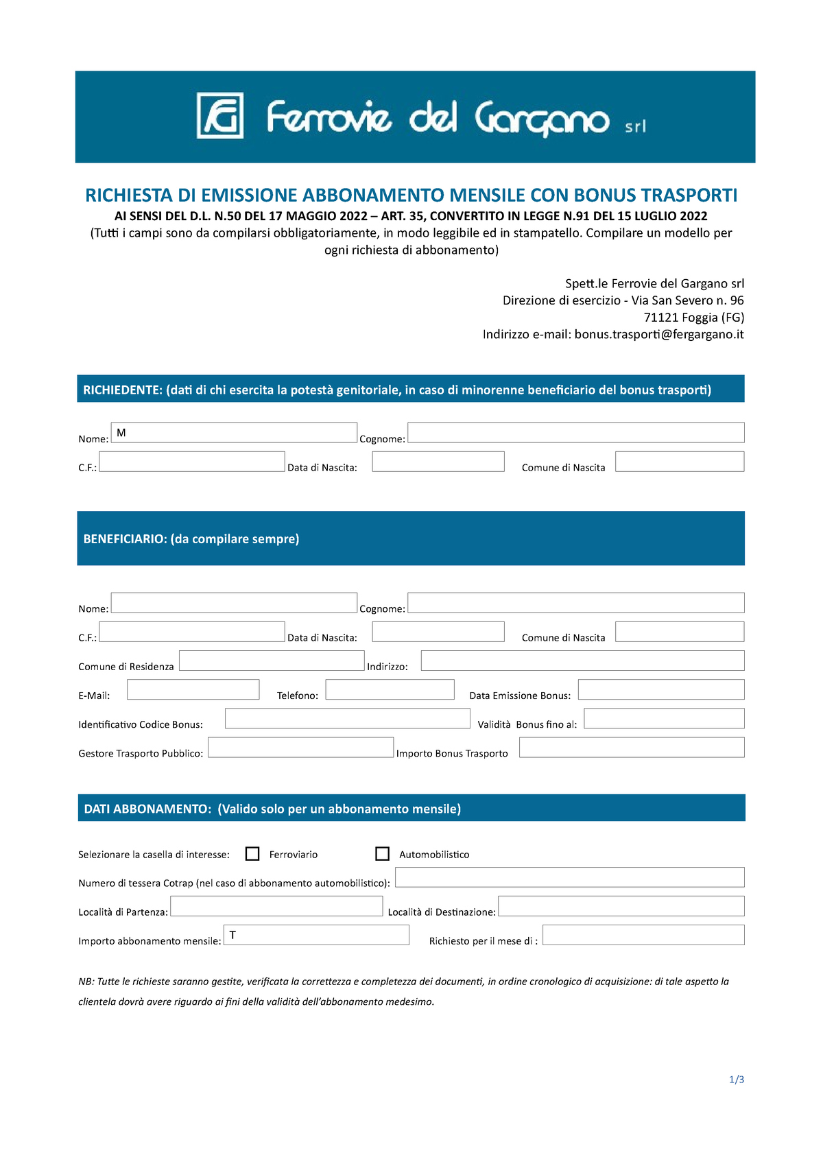 Modulo Bonus Trasporti Ficiario Del Bonus Trasporti Richiesta Di Emissione Abbonamento