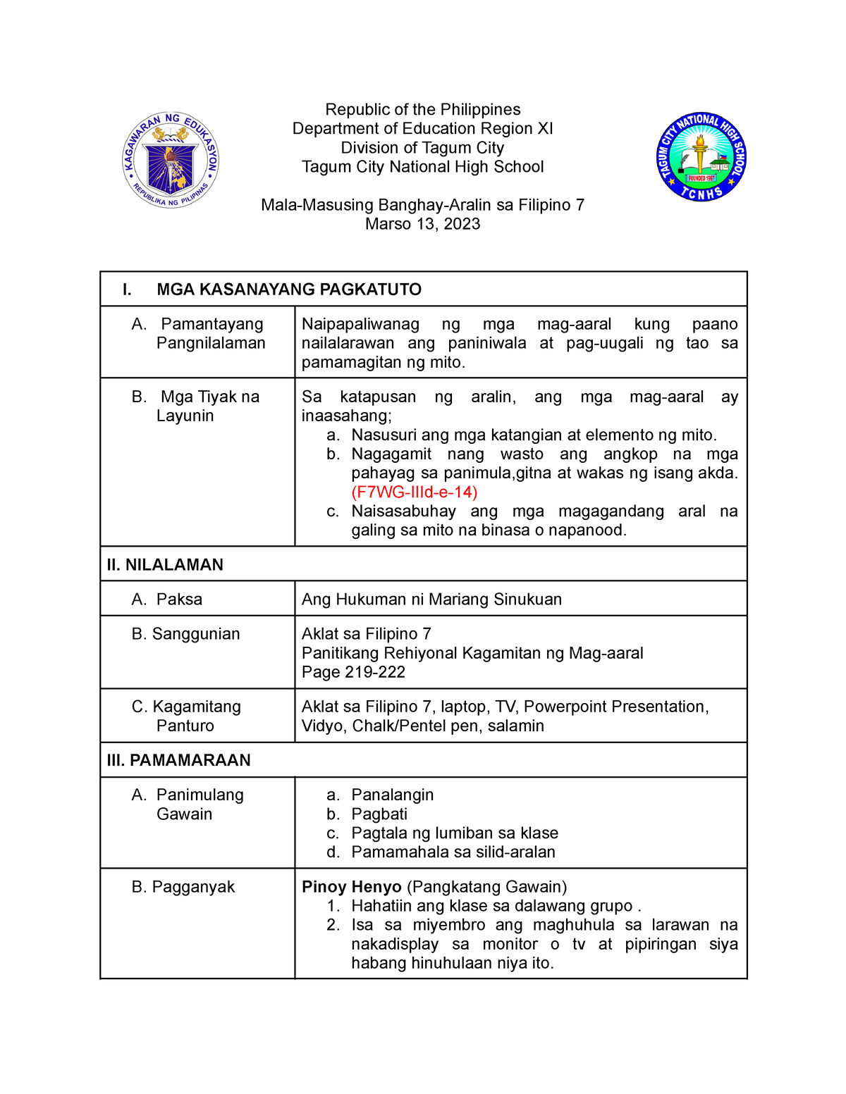 LP Module 4 - Banghay Aralin Sa Filipino - Republic Of The Philippines ...