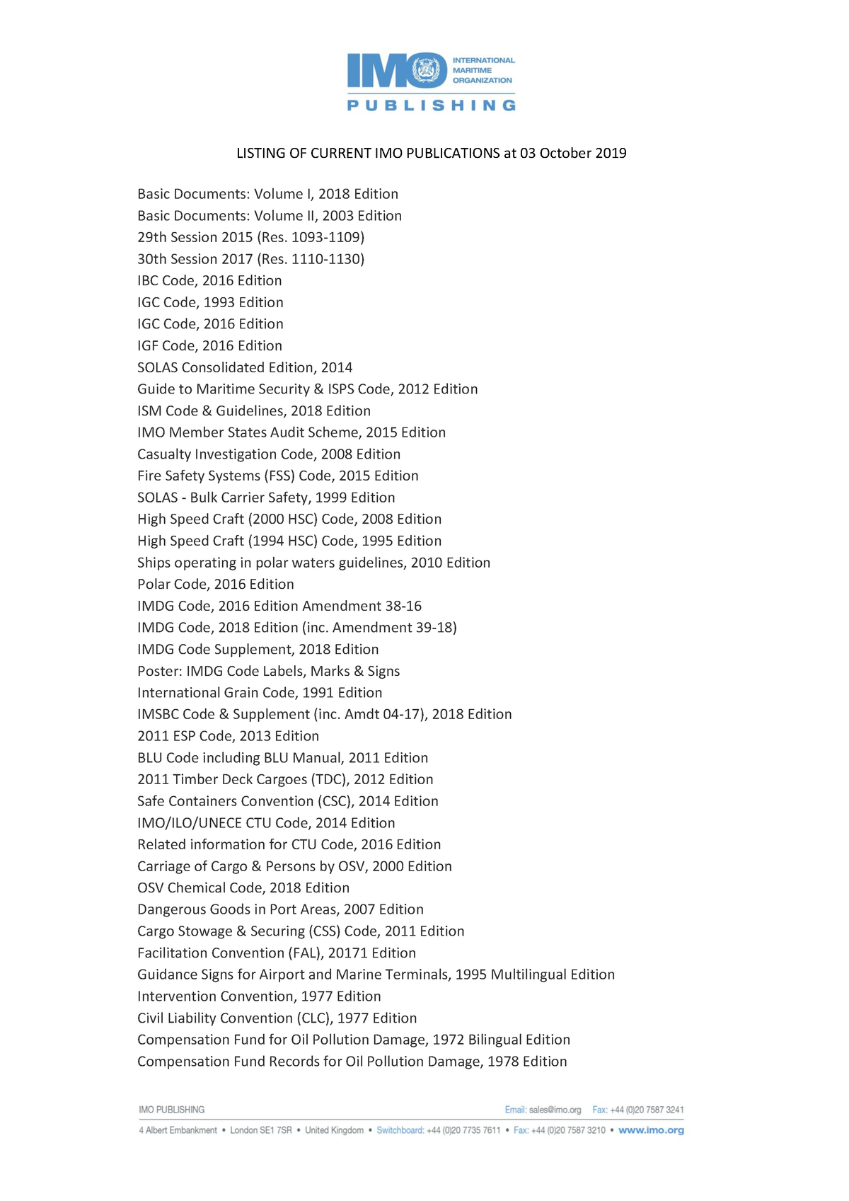 IMO Publications Imo LISTING OF CURRENT IMO PUBLICATIONS at 03