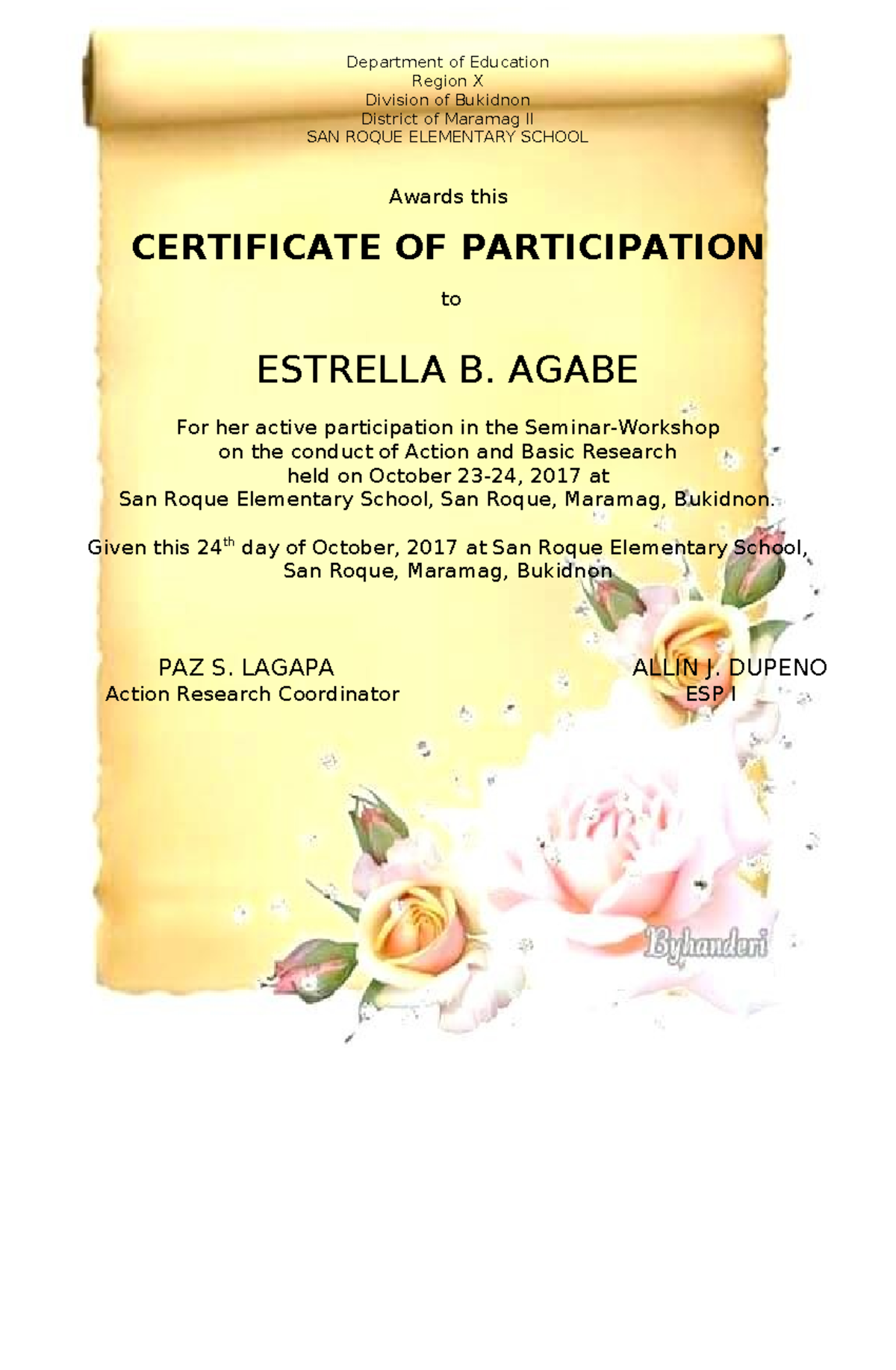 Certificate - Region X Division of Bukidnon District of Maramag II SAN ...